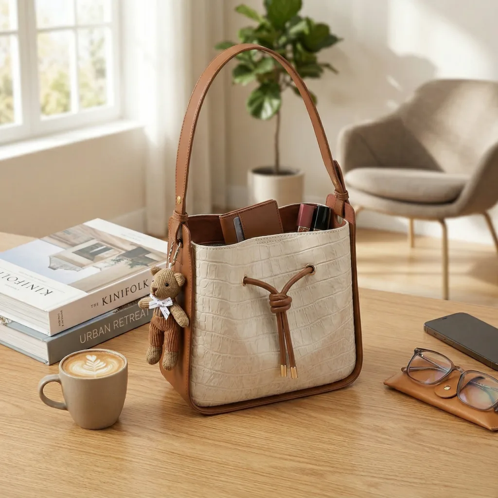 front-view-color-block-bucket-bag-with-charm-sales scenario diagram