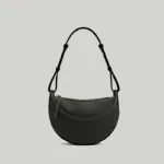 Front view of minimalist black pebbled leather crescent underarm bag