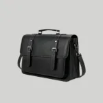 Black vintage vegan leather laptop briefcase with double buckles and top handle.