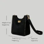 Dimensions and size guide for the black pebbled leather vertical crossbody bag, showing height, length, and depth
