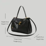 Dimensions and sizing guide for 13.8 inch large capacity black leather work satchel.
