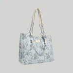 Elegant light blue chinoiserie floral work tote bag with dual chain and leather shoulder straps