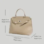Dimensions chart of beige structured top handle bag length 30cm height 27cm depth 13cm