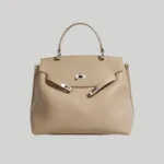 Beige structured top handle leather satchel with turn-lock closure front view