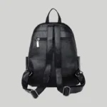 Back view of black vegan leather backpack showing adjustable shoulder straps and anti-theft zipper pocket
