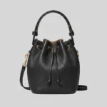 Black top-grain cowhide mini bucket bag with drawstring closure and gold hardware, wholesale commuter bag