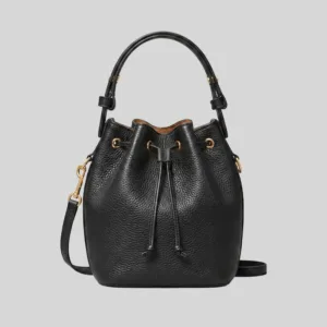 Black top-grain cowhide mini bucket bag with drawstring closure and gold hardware, wholesale commuter bag