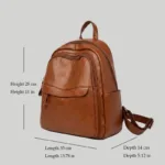 Brown faux leather casual daypack showing technical dimensions 35x14x28 cm for wholesale