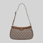 Front profile of structured monogram PU bag highlighting customizable metal emblem for private label.