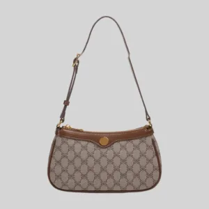 Front profile of structured monogram PU bag highlighting customizable metal emblem for private label.