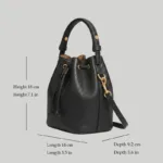 Size specifications for top-grain cowhide bucket bag: Height 18cm, Length 14cm, Depth 9.2cm