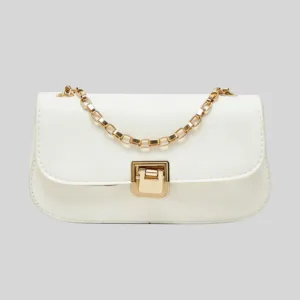 Front view of quiet luxury white commuter bag featuring a curved silhouette, half-flap design, and square gold hardware.