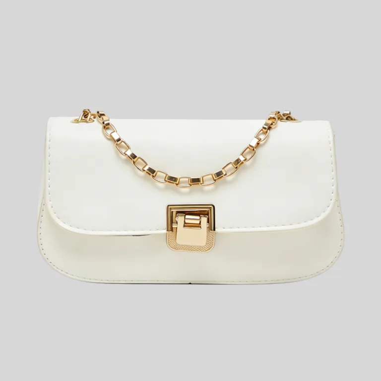 Front view of quiet luxury white commuter bag featuring a curved silhouette, half-flap design, and square gold hardware.