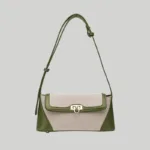 Green White Structured two-tone canvas and leather trim shoulder bag with gold hardware front view