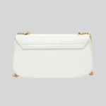 Back view of clean, structured white evening shoulder bag highlighting neat edge stitching and smooth exterior material.