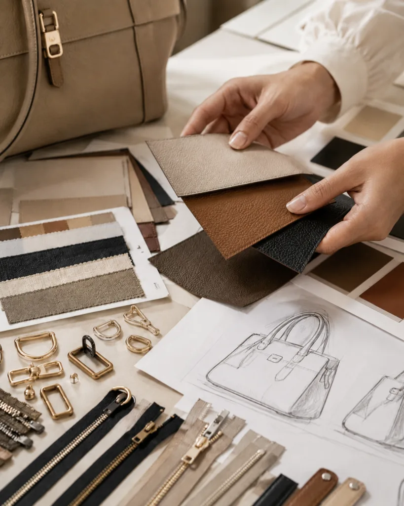 Material Selection, PU, vegan leather, genuine leather and hardware options.