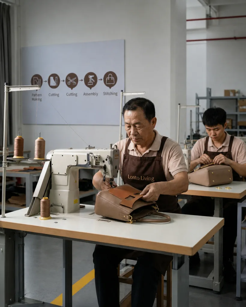 Production Workshop, Organized production process for bulk handbag orders.