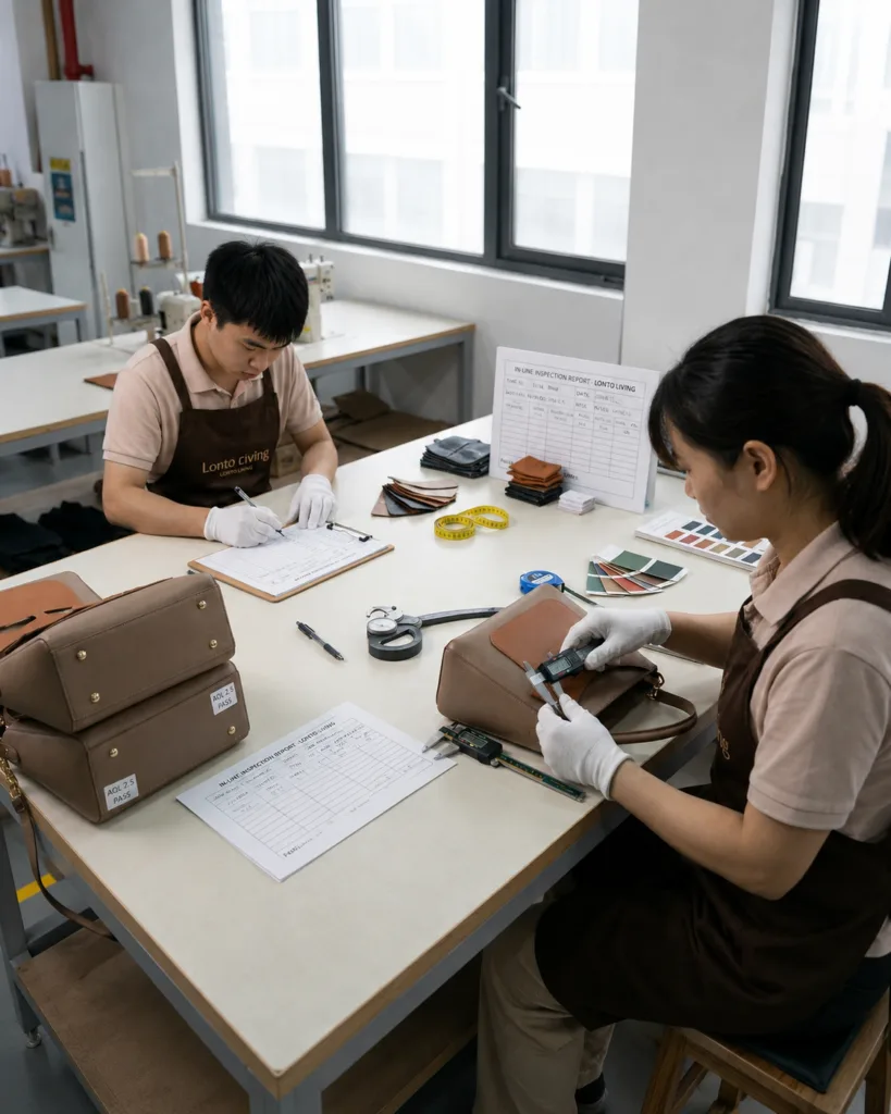 Quality Inspection, Material, stitching, hardware and final product inspection.