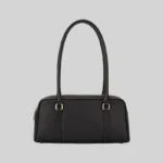 Front view of a black structured double-zip handbag with long shoulder straps