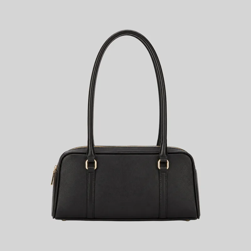 Front view of a black structured double-zip handbag with long shoulder straps
