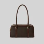 Front view of a dark brown structured double-zip handbag with long shoulder straps