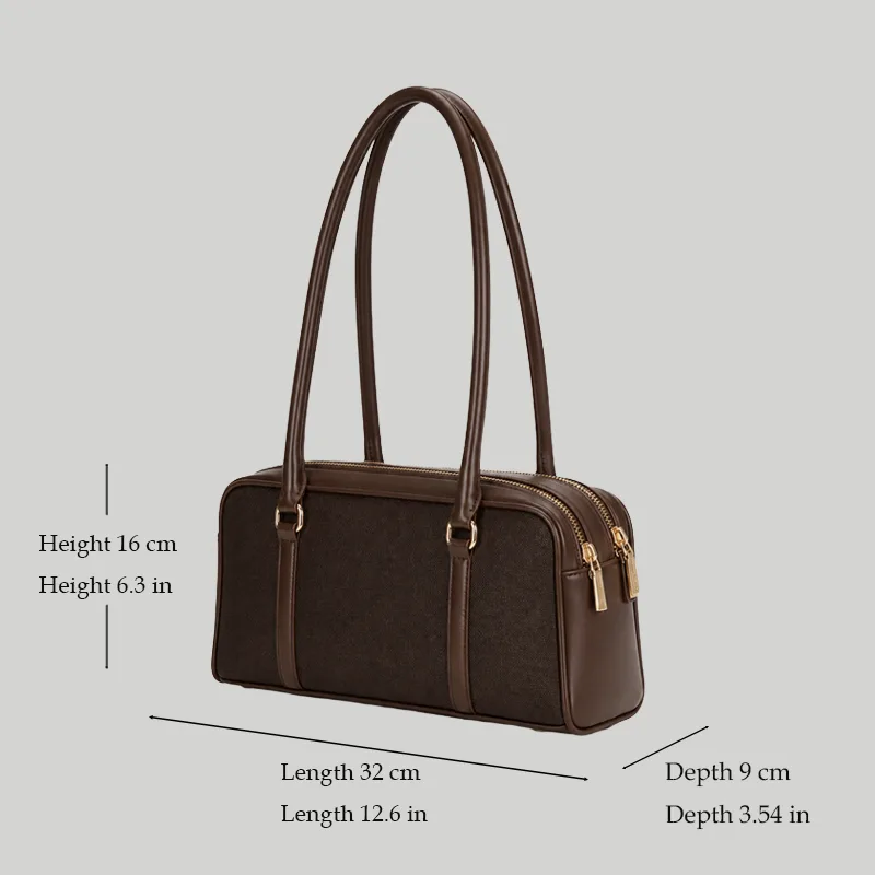 Diagram showing dimensions of the east-west shoulder bag: Width 32cm, Height 16cm, Depth 9cm
