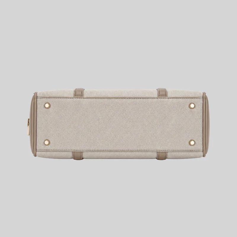 Top open view of the shoulder bag showing dual compartments, interior lining, and zip pockets, beige