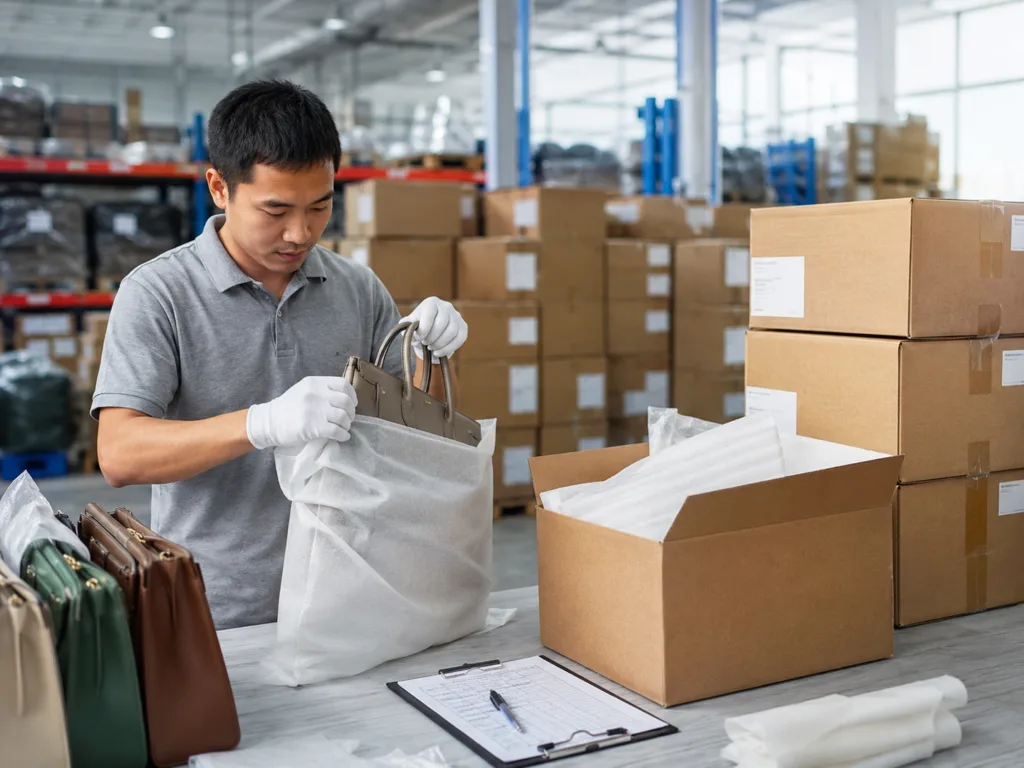 Handbag factory worker inspecting vegan leather materials, fabric swatches, and custom metal hardware for OEM ODM handbag production