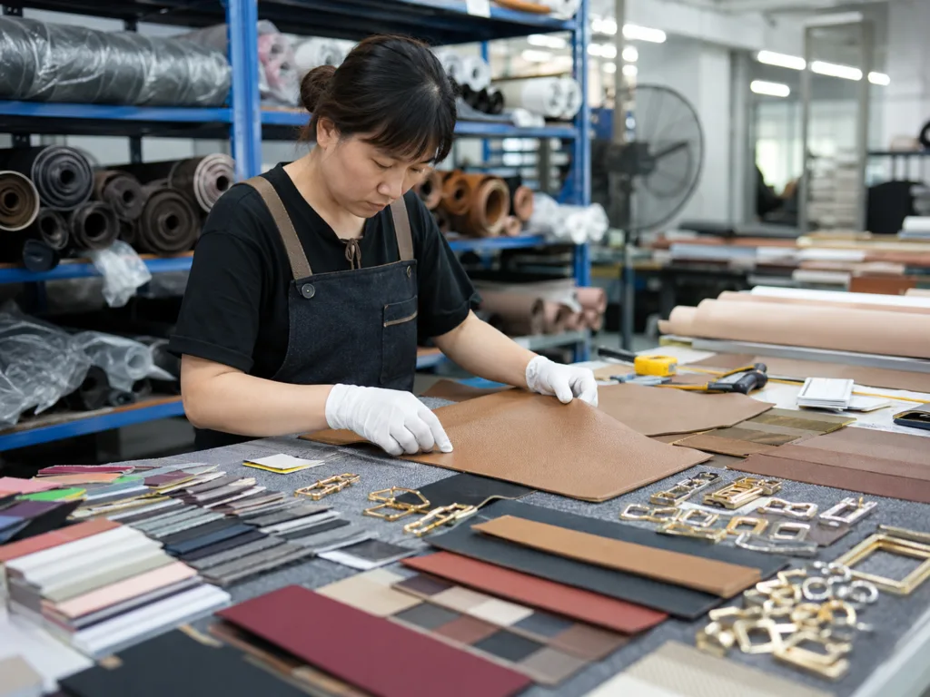 Handbag factory worker inspecting vegan leather materials, fabric swatches, and custom metal hardware for OEM ODM handbag production
