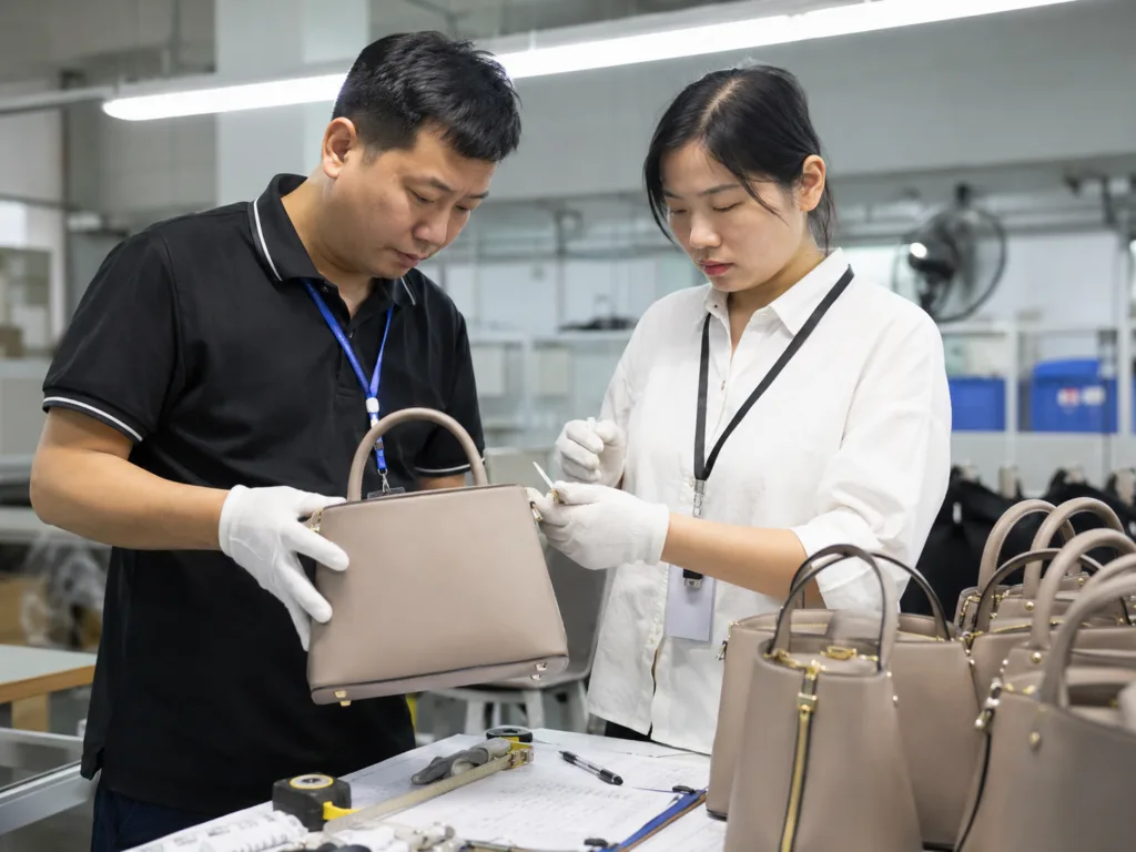 Quality control inspectors checking handbag stitching, zipper alignment, and hardware details in a custom handbag factory
