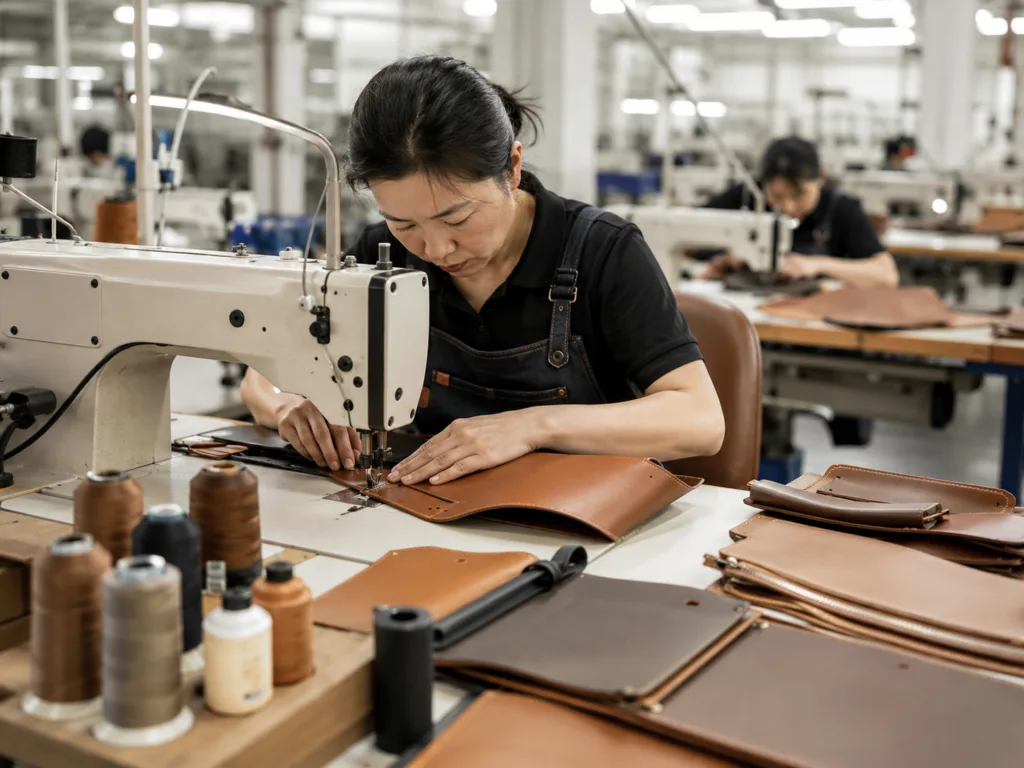 Skilled handbag factory worker stitching leather bag panels with an industrial sewing machine during custom handbag production