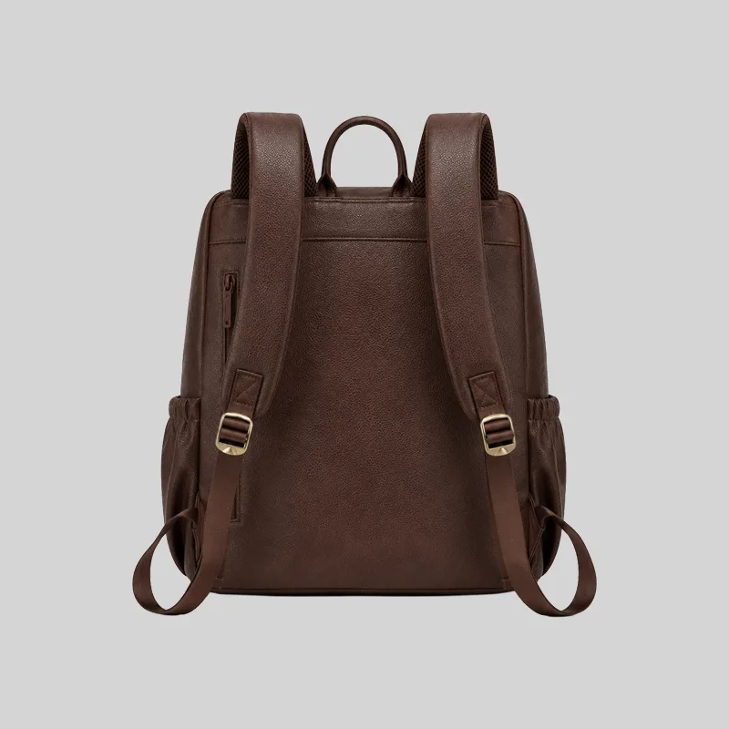 Back view of the dark brown ergonomic PU backpack highlighting breathable mesh straps