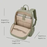 Dimensions and sizing guide for the structured vegan leather commuter backpack: 30 cm wide, 16 cm deep, and 40 cm high.